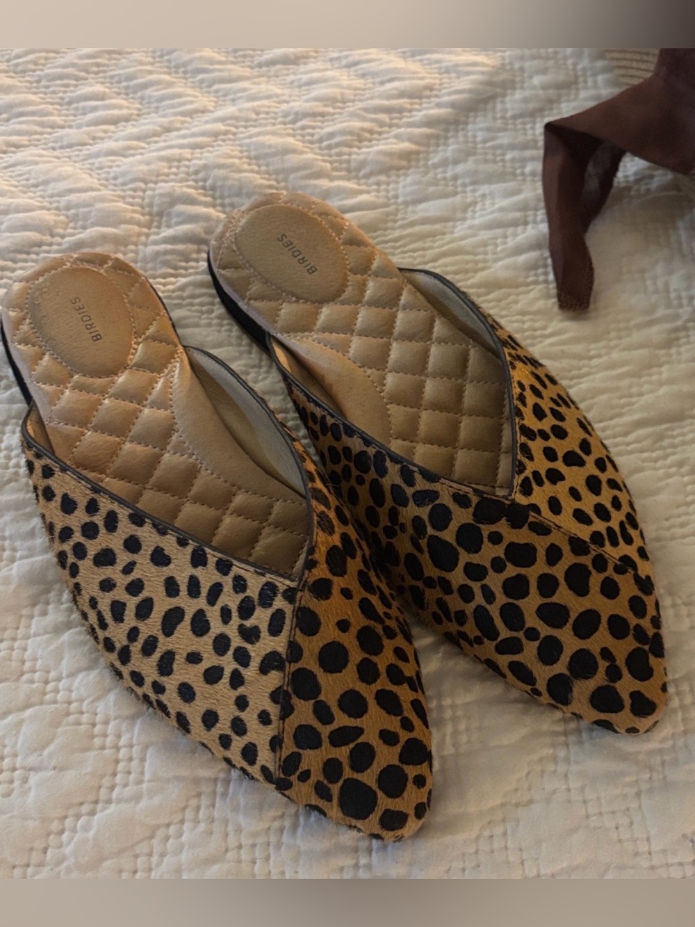 Birdies Leopard- Hair Print Quilted Pointed Mules - Brown/Tan size 7.5